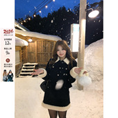 温莎古堡 鱼 韩系温柔微胖mm羊羔毛拼接短外套A字短裙套装 你