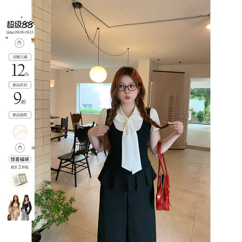 你的鱼 智感伊甸园 韩系微胖mm甜美蝴蝶结绑带假两件上衣裙裤套装