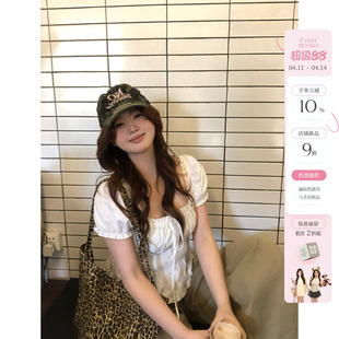 你的鱼 松弛智妍 韩系微胖mm春夏系带抽褶日常甜系休闲泡泡袖上衣