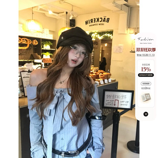 你的鱼 姐姐角色卡 韩系微胖mm一字肩蝴蝶结条纹掐腰显瘦衬衫套装