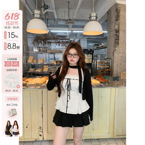 你的鱼 伯克利恋人 微胖mm春夏拼接蕾丝边蝴蝶结绑带吊带开衫套装