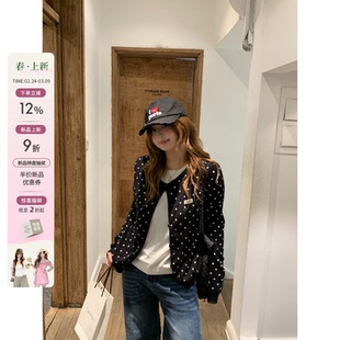 你的鱼 韩女设定 韩系微胖mm黑白波点假两件圆领显瘦针织上衣