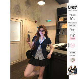 你的鱼 半岛失格 韩系微胖mm学院风春夏假两件扭结格纹短袖套装