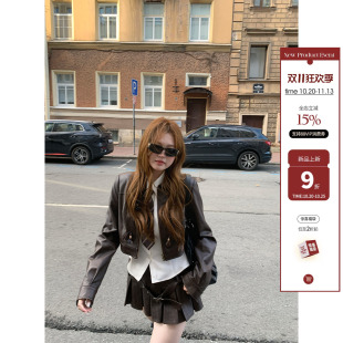 你的鱼 巧克甜心 微胖mm学院风领带衬衫翻领短外套气质百褶裙套装