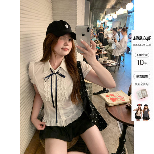 你的鱼 云笺少女 韩系微胖mm千金感学院风蝴蝶结花边衬衫夏日套装