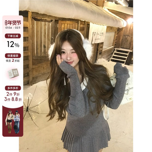 你的鱼 韩国留学生 韩系微胖mm简约百搭假两件针织衫百褶半裙套装