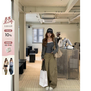 你的鱼 罗萨街头 韩系微胖mm硬挺廓形工装拼接口袋宽松春款牛仔裤