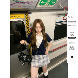 你的鱼 蓝调夜曲 韩系微胖mm学院风假两件中袖衬衫半裙秋季套装