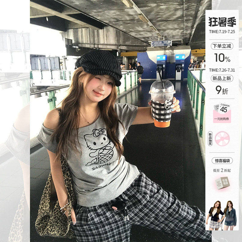 你的鱼 人鱼Kitty+韩女神裤 微胖mm斜肩宽松短袖上衣格纹休闲裤