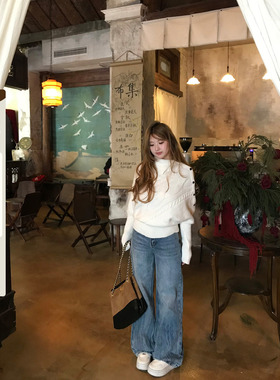 你的鱼 松弛单宁派 韩系微胖mm设计感猫须烫钻直筒宽松百搭牛仔裤