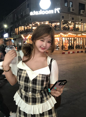 你的鱼 巧心珍挞 微胖mm假两件格纹春夏套装 2/24 20:00新品9折