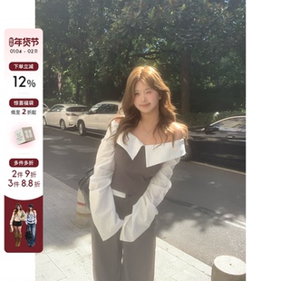 你的鱼 冷感胡核木 韩系微胖mm初秋一字肩条纹衬衫拼接撞色套装