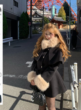你的鱼 京都美奈 韩系微胖mm千金感显瘦毛领披肩连衣裙大衣外套