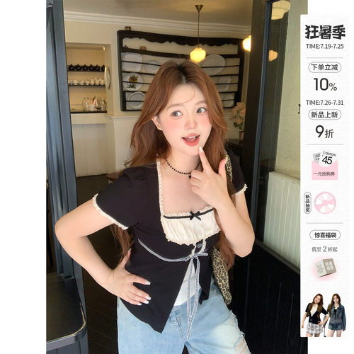 你的鱼 光影轮廓 韩系微胖mm少女感假两件bm风蕾丝夏日短袖短上衣