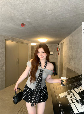 你的鱼 黑糖啵啵 韩系微胖mm设计感夏日波点一字肩短上衣半裙套装