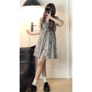 【多肉妮妮】新中式V领轻熟气质女裙微胖mm收腰显瘦领荷叶连衣裙