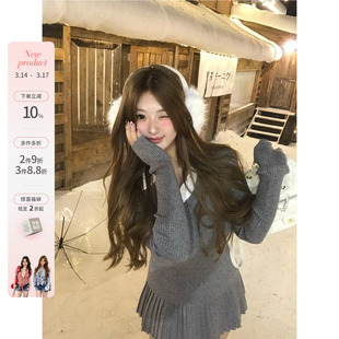 你的鱼 韩国留学生 韩系微胖mm简约百搭假两件针织衫百褶半裙套装