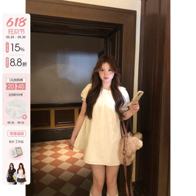 你的鱼 初夏之约 韩系微胖mm初恋感娃娃领宽松春夏泡泡袖连衣裙