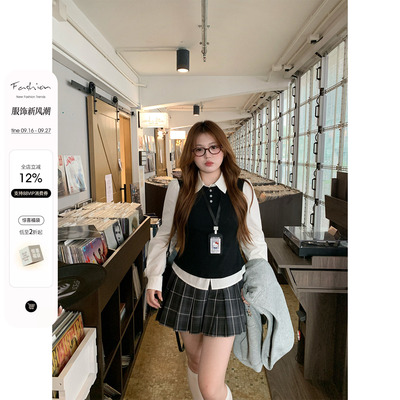 你的鱼 英伦礼拜日 韩系微胖mm秋季学院风卫衣衬衫百褶半裙套装