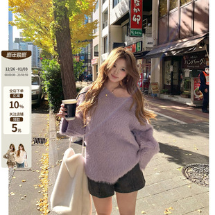 韩系微胖mm轻熟感保暖水貂毛显瘦斜肩露肩毛衣 微醺Lady 你 鱼