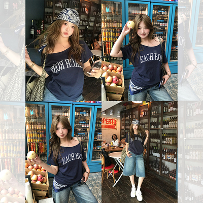 你的鱼 美式玩家 斜肩印花微胖mm短袖T恤女2025新款露肩宽松上衣