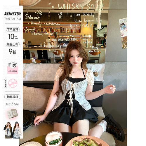 你的鱼 花漾苎夏 韩系微胖mm甜美波点轻薄真两件泡泡袖doll感套装