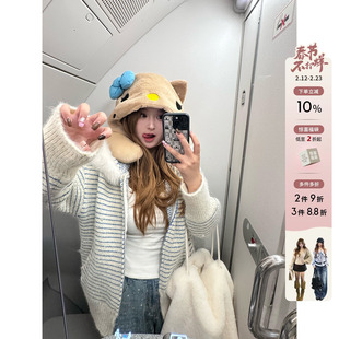 你的鱼 绵绵喵语 韩系微胖mm可爱条纹猫耳针织外套带钻牛仔裤套装