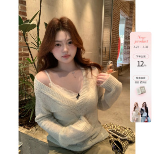 针织衫 你 韩系微胖mm镂空V领彩点春夏修身 玲奈芭莉 上衣吊带 鱼