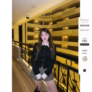 你的鱼 小天使 微胖mm千金风撞色衬衫领短外套格纹短裤秋季套装