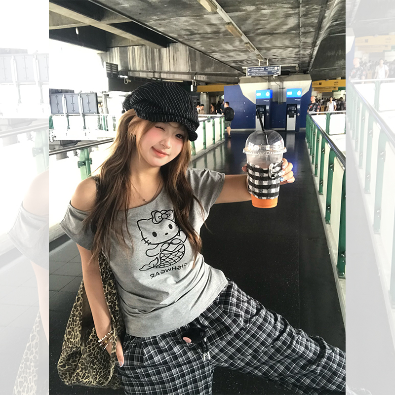 你的鱼 人鱼Kitty+韩女神裤 微胖斜肩宽松短袖上衣格纹休闲阔腿裤