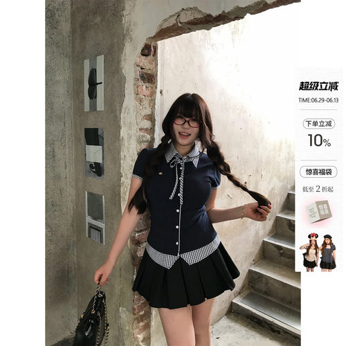 你的鱼 柠香町蓝 韩系微胖mm学院风格纹夏日假两件短袖半裙套装