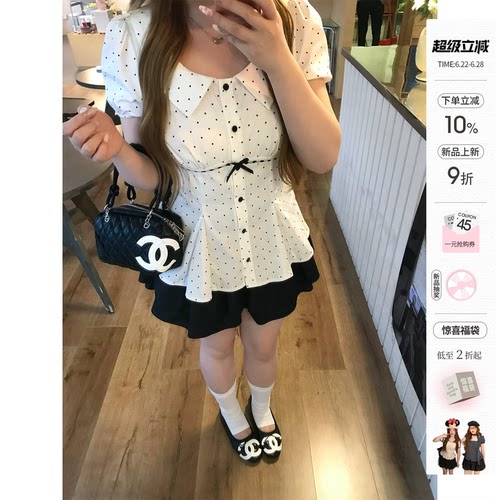 你的鱼 白茶莉莉安 韩系微胖mm夏日学院miu系波点泡泡袖衬衫半裙