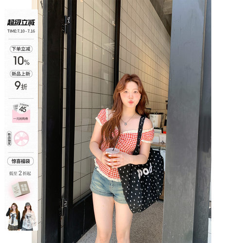 你的鱼 热恋红莓 韩系微胖mm春夏格纹花边泡泡袖两穿bm风短袖上衣