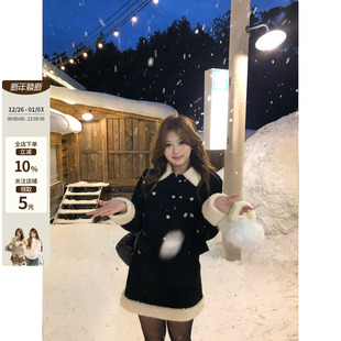韩系温柔微胖mm羊羔毛拼接短外套A字短裙套装 温莎古堡 鱼 你