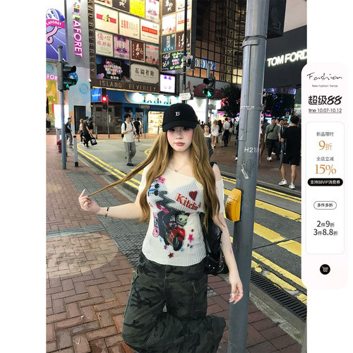 你的鱼 Kitty效应 韩系微胖mm夏日街头酷辣弹力印花压褶短T恤套装