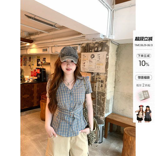 你的鱼 西柚气泡水 韩系微胖mm设计感显瘦夏日格纹日系修身短衬衫