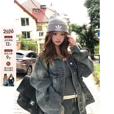 你的鱼 济州岛蓝夜 韩系微胖mm复古百搭廓形显瘦牛仔外套长裤套装