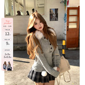 韩系微胖mm日系日杂风毛领连帽毛织格纹半裙套装 小栗川奈 鱼 你