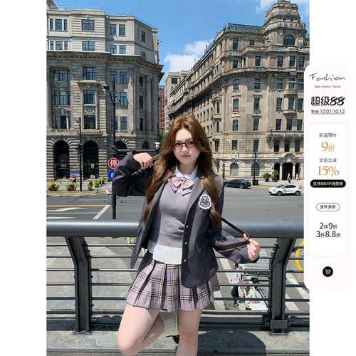 你的鱼 卡斯顿公学 微胖mm学院风蝴蝶结衬衫背心半身裙秋季套装