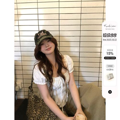 你的鱼 松弛智妍 韩系微胖mm春夏系带抽褶日常甜系休闲泡泡袖上衣