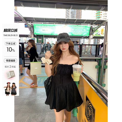 你的鱼 慕斯流光 韩系微胖mm赫本小黑裙方领春夏收腰气质连衣裙