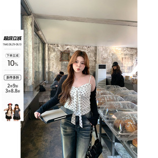 你的鱼 心动啵啵 韩系微胖mm春夏抽褶针织收腰系带波点吊带开衫