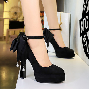 小个子粗跟单鞋女12cm一字带时尚蝴蝶结防水台不累脚超高跟鞋模特