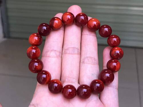 精品收藏级天然瓦西南红双色柿子红锦红玫瑰锦色手链玉化料男女款