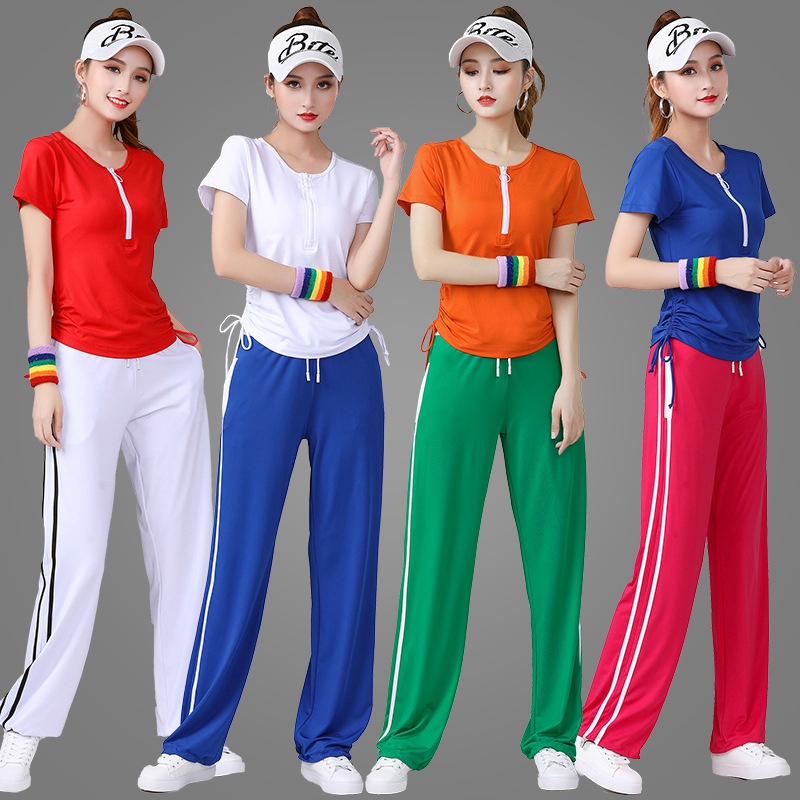 广场舞运动套装女夏季大妈健身操队服跳舞服装棉宽松阔腿裤舞蹈裤