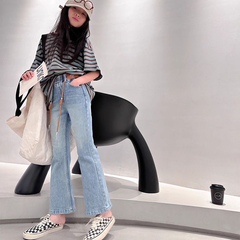 女孩修身显瘦喇叭裤中大童春秋新款浅色牛仔裤儿童百搭休闲裤子潮