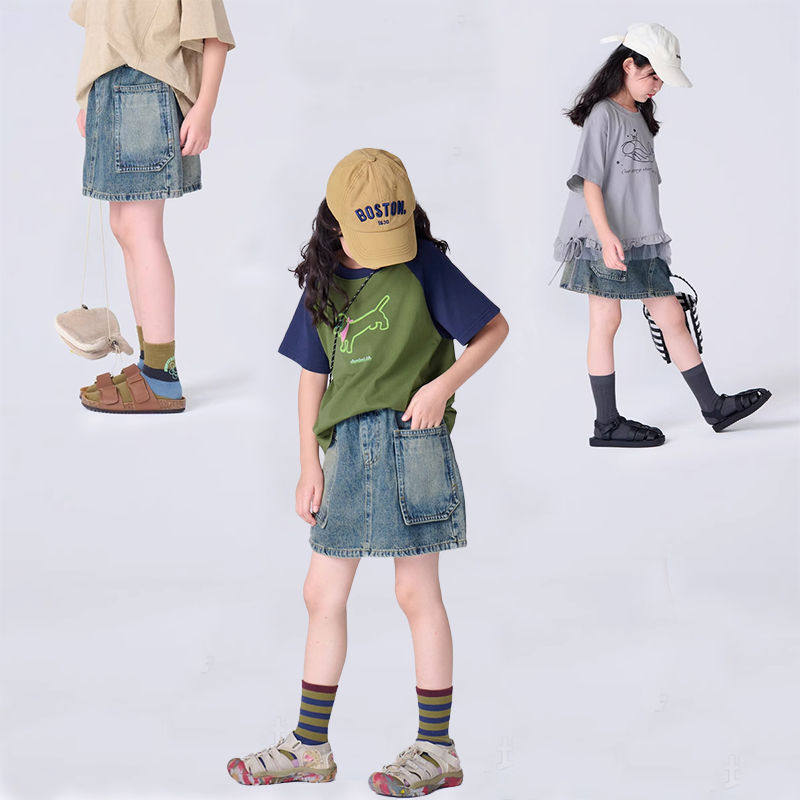 女孩夏季韩版百搭休闲牛仔裙儿童洋气个性大口袋半身裙女童短裙潮