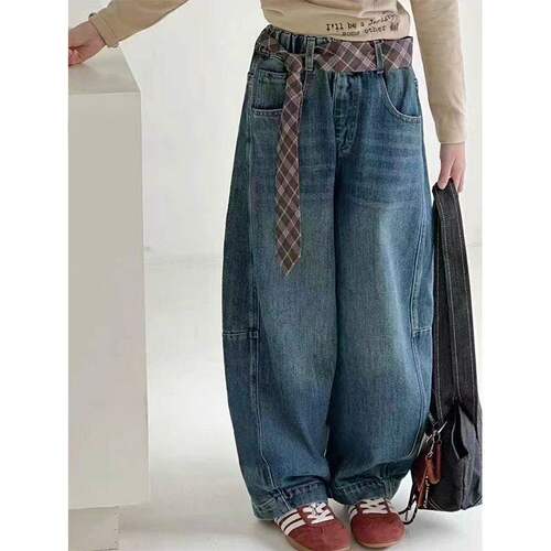 儿童简约弯刀裤中大童春秋季韩版宽松牛仔裤女童冬款一体绒长裤潮