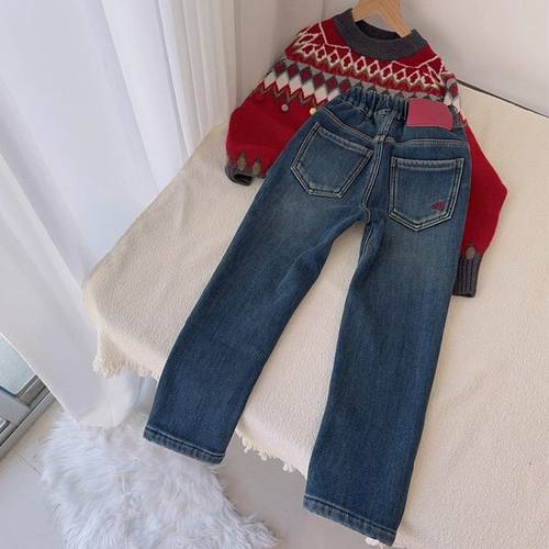 儿童窄版显瘦直筒裤女童春秋冬季加厚牛仔长裤中大童一体绒休闲裤