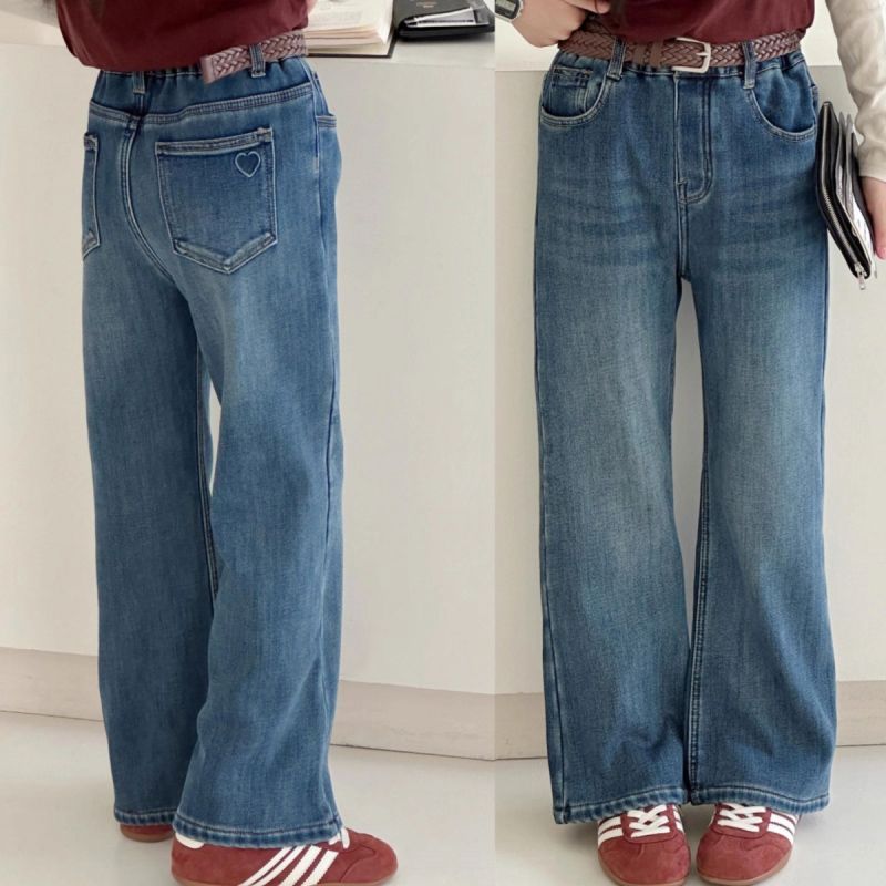 儿童洋气加厚微喇叭长裤中大童春秋冬季洋气一体绒牛仔裤女孩长裤